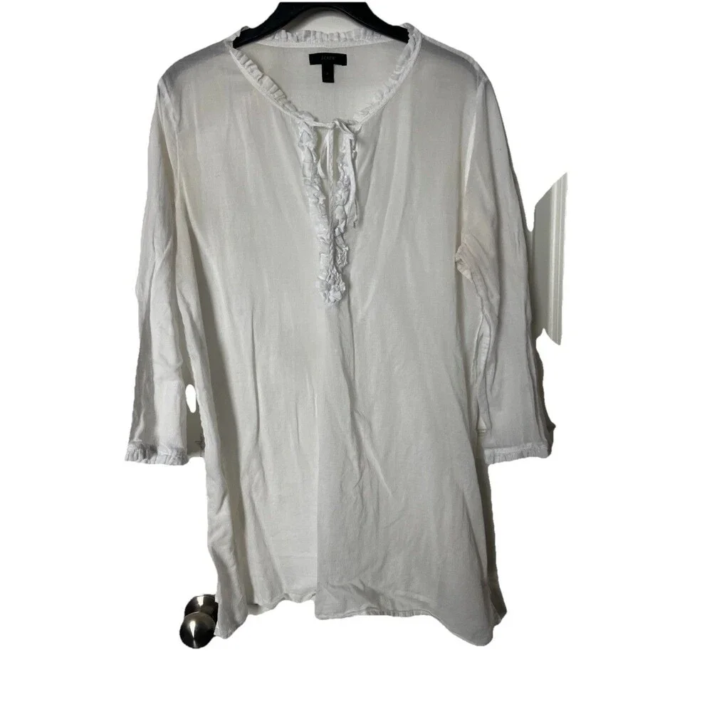 J Crew Womens Airy Popover Shirt White Gauzy V Neck Ruffle Pocket L